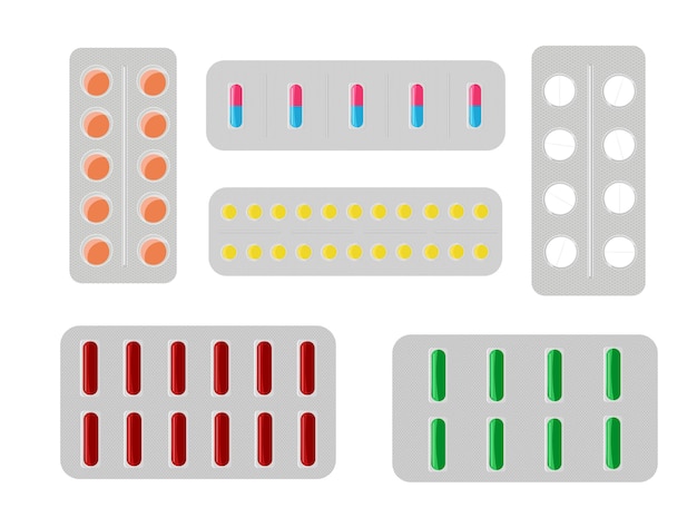 Conjunto de diferentes comprimidos en un blister. Ilustración vectorial