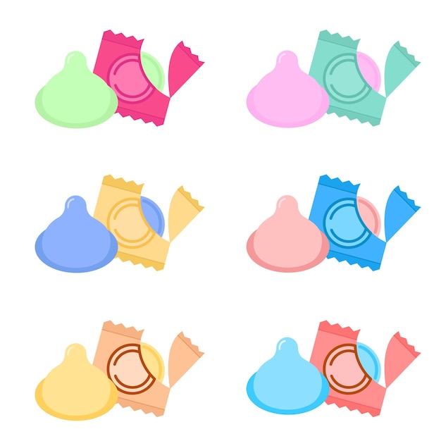Conjunto de diferentes condones y paquetes rotos Ilustración vectorial