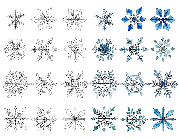Conjunto de diferentes copos de nieve. Dibujado a mano. Acuarela y delineador