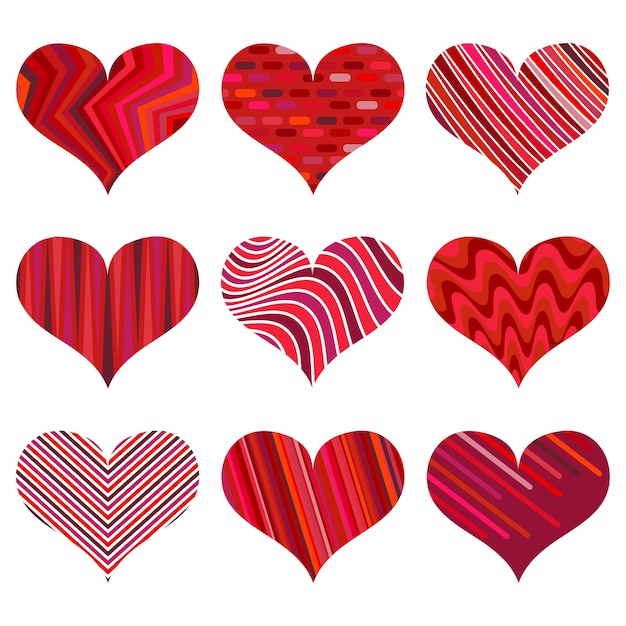 Conjunto de diferentes corazones rojos. Nueve corazones aislados en un fondo blanco. Símbolo de amor. Elementos para plantilla de boda.