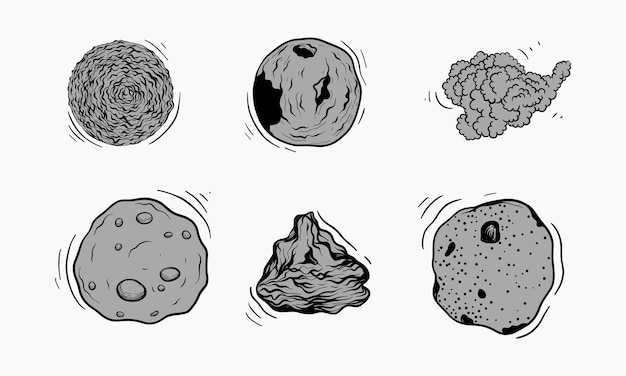 Conjunto de diferentes cuerpos celestes representados en una ilustración detallada y estilizada en blanco y negro