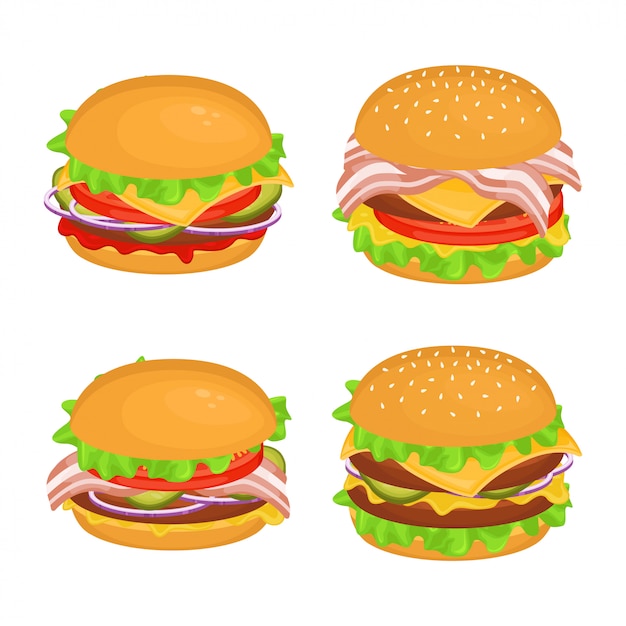 Vector conjunto de diferentes deliciosas hamburguesas con chuleta. ilustración de comida rápida. comida chatarra.