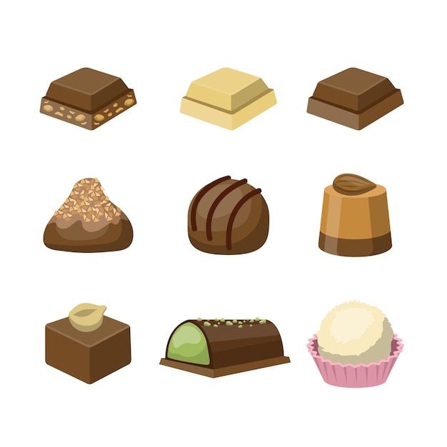 Conjunto de diferentes deliciosos dulces de chocolate delicioso. Postre para café. ilustración