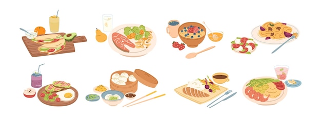 Conjunto de diferentes desayunos, almuerzos y cenas aislados en fondo blanco. Colección de dibujos animados apetitosos alimentos frescos y bebidas ilustraciones gráficas vectoriales. Sabroso y colorido plato para servir.