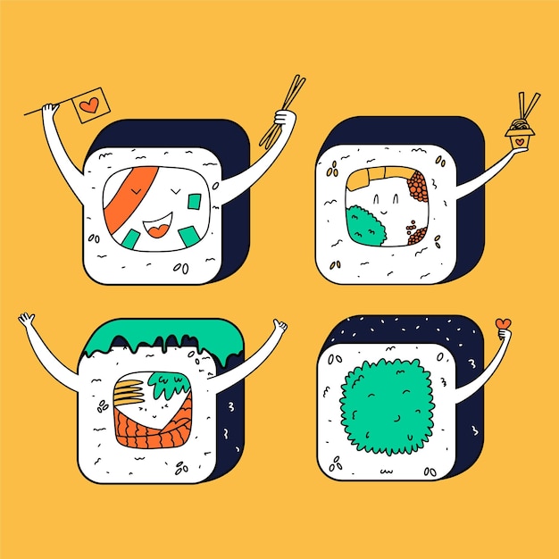 Conjunto de diferentes dibujos animados kawaii rollos iconos sushi de comida asiática ilustración vectorial en estilo plano