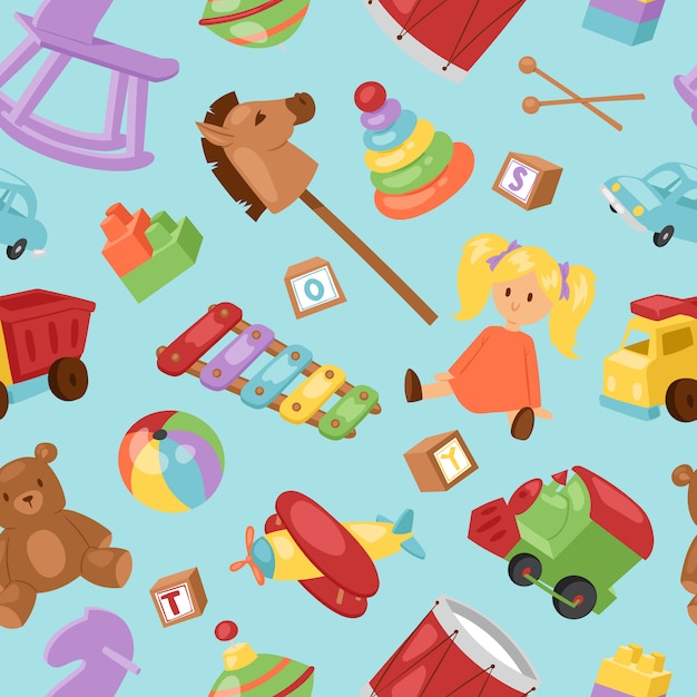 Conjunto de diferentes dibujos animados niños juguetes colección fondo juguetón niños cosas. Diferentes juguetes de dibujos animados Hors, piranida, coche, pelota