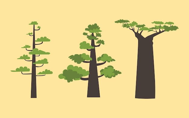 conjunto de diferentes diseños de árboles de dibujos animados