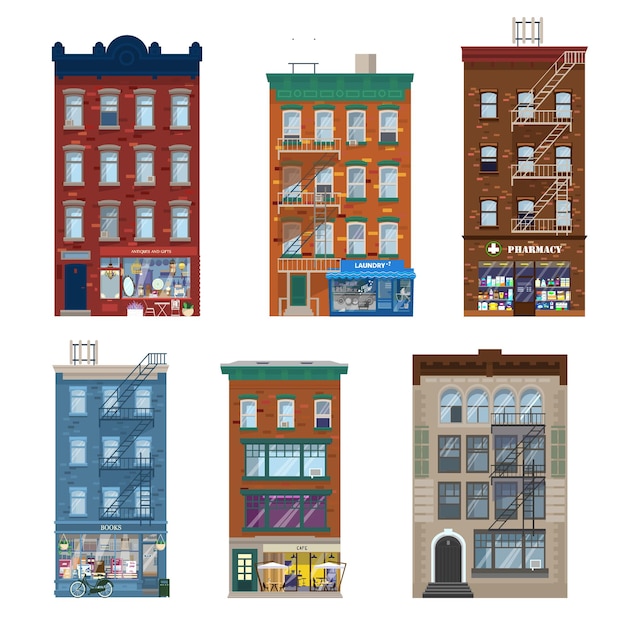 Vector conjunto de diferentes edificios de la ciudad en estilo manhattan con tiendas, miradas, elementos de decoración. escaparates en edificios de ladrillos vivos. plano.