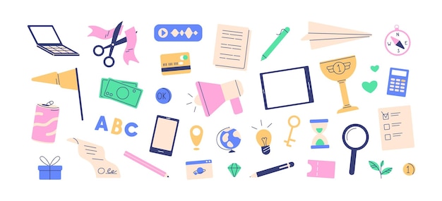 Conjunto de diferentes elementos comerciales. Documento en papel, teléfono, llave, bombilla, tarjeta bancaria, lupa, megáfono, dinero y reloj de arena. Paquete de objetos. Ilustraciones de vectores planos aisladas sobre fondo blanco
