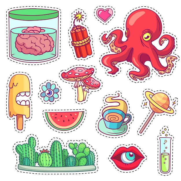 Conjunto de diferentes elementos de dibujos animados en vector crazy fun stickers pins y parches con comida cómica