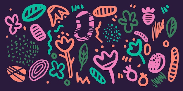 Un conjunto de diferentes elementos en estilo doodle manchas abstractas y flores en el fondo