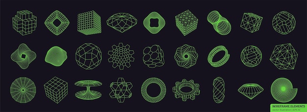 Conjunto de diferentes elementos de forma lineal Cyberpunk que consisten en una cuadrícula y puntos