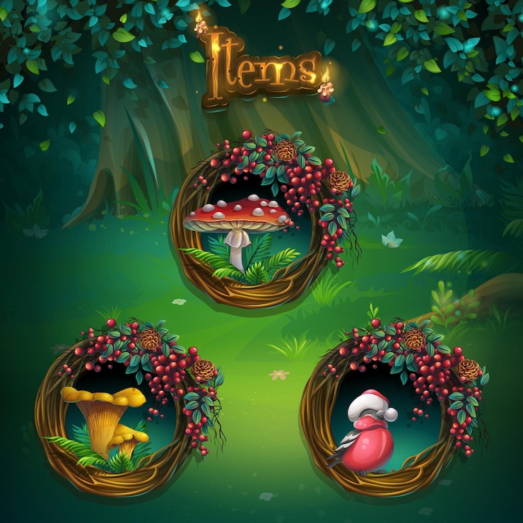 Vector conjunto de diferentes elementos para la interfaz de usuario del juego. pantalla de ilustración de fondo para el juego de computadora shadowy forest gui.