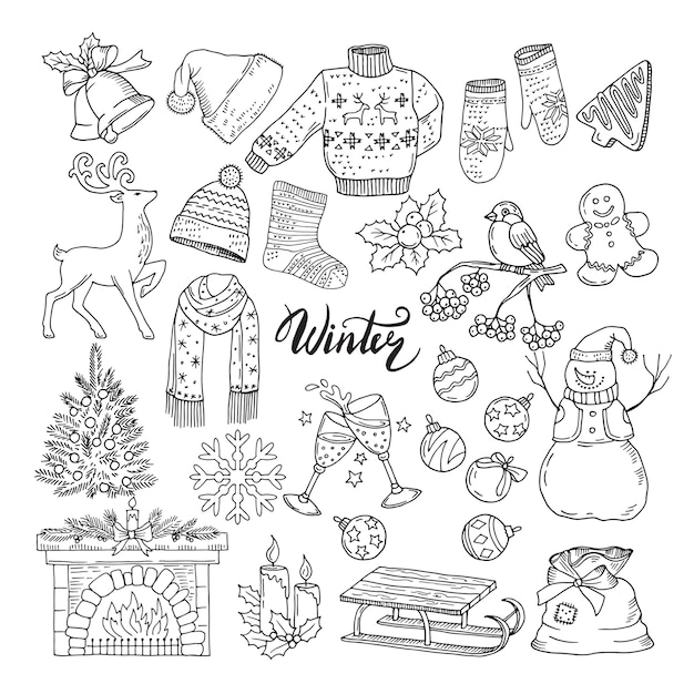 Conjunto de diferentes elementos de inviernos. ilustraciones de objetos de vacaciones. concepto de objeto dibujado a mano de navidad y año nuevo