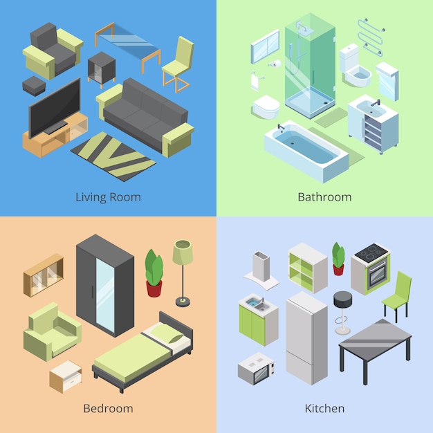 Conjunto de diferentes elementos de mobiliario para habitaciones en casa moderna.