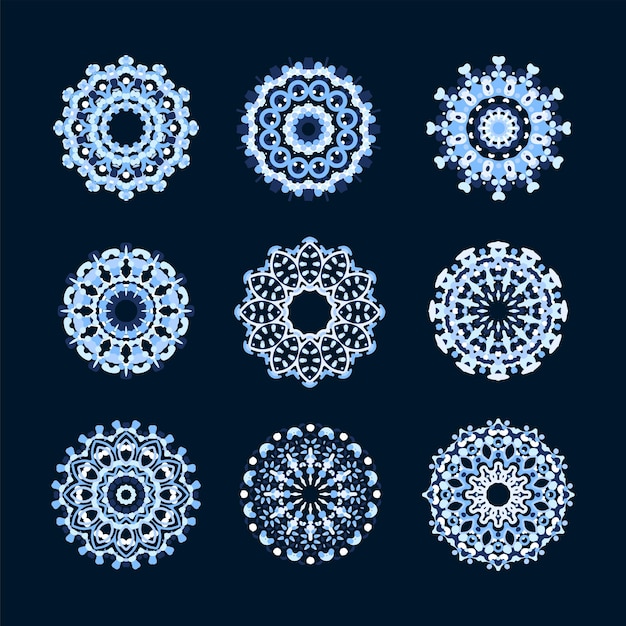 Conjunto de diferentes elementos de patrones geométricos de copo de nieve de caleidoscopio