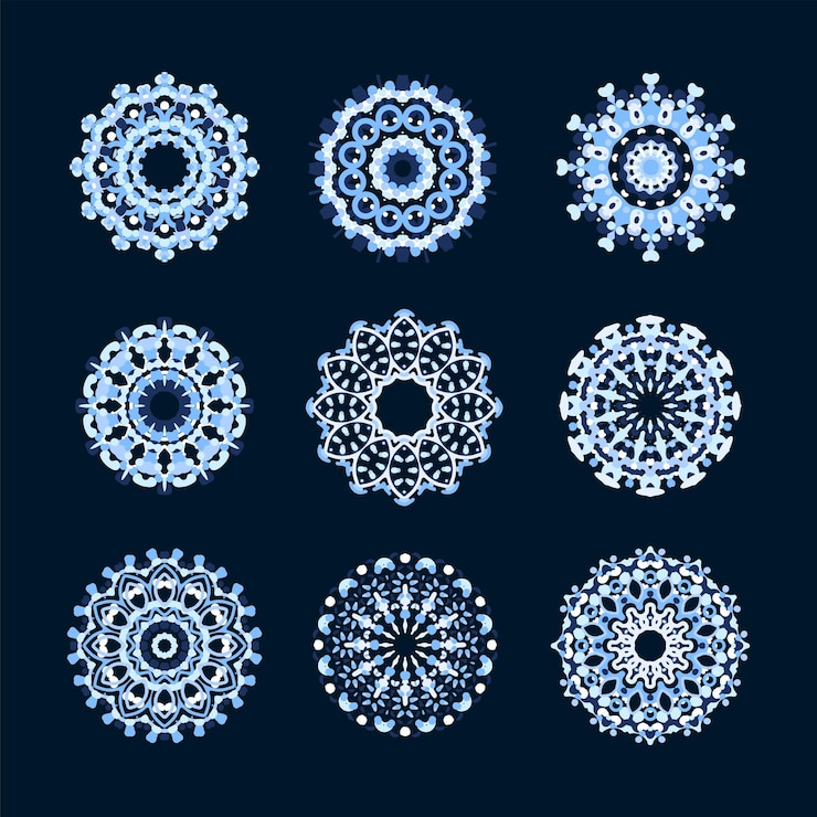 Conjunto de diferentes elementos de patrones geométricos de copo de nieve de caleidoscopio