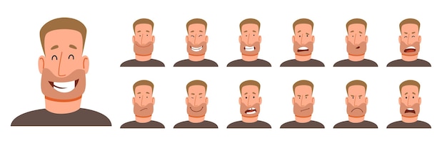 Vector conjunto de diferentes emociones de hombre guapo con rastrojo