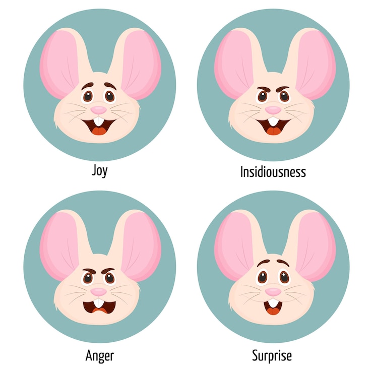 Vector conjunto de diferentes emociones de un personaje de ratón expresión facial conjunto de sentimientos de personajes de ratón