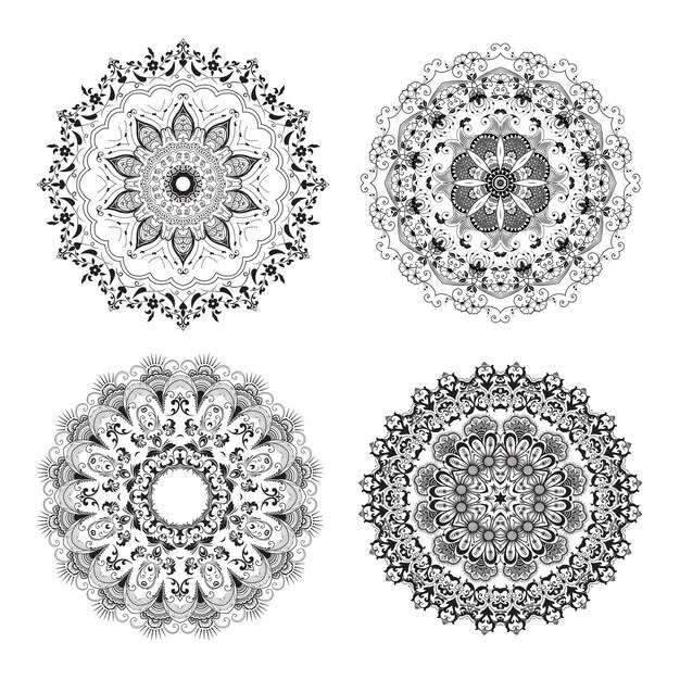 Conjunto de diferentes encajes redondos ornamentales con damasco y elementos arabescos silueta vector illustra