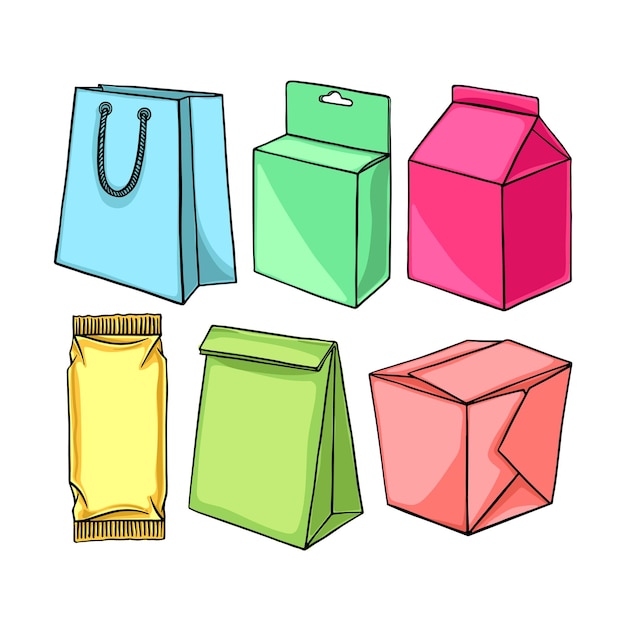 Conjunto de diferentes envases. Ilustración dibujada a mano