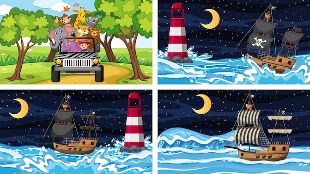 Conjunto de diferentes escenas con animales en el zoológico y barco pirata en el mar.