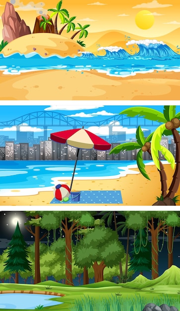 Vector conjunto de diferentes escenas horizontales de bosque en diferentes momentos.