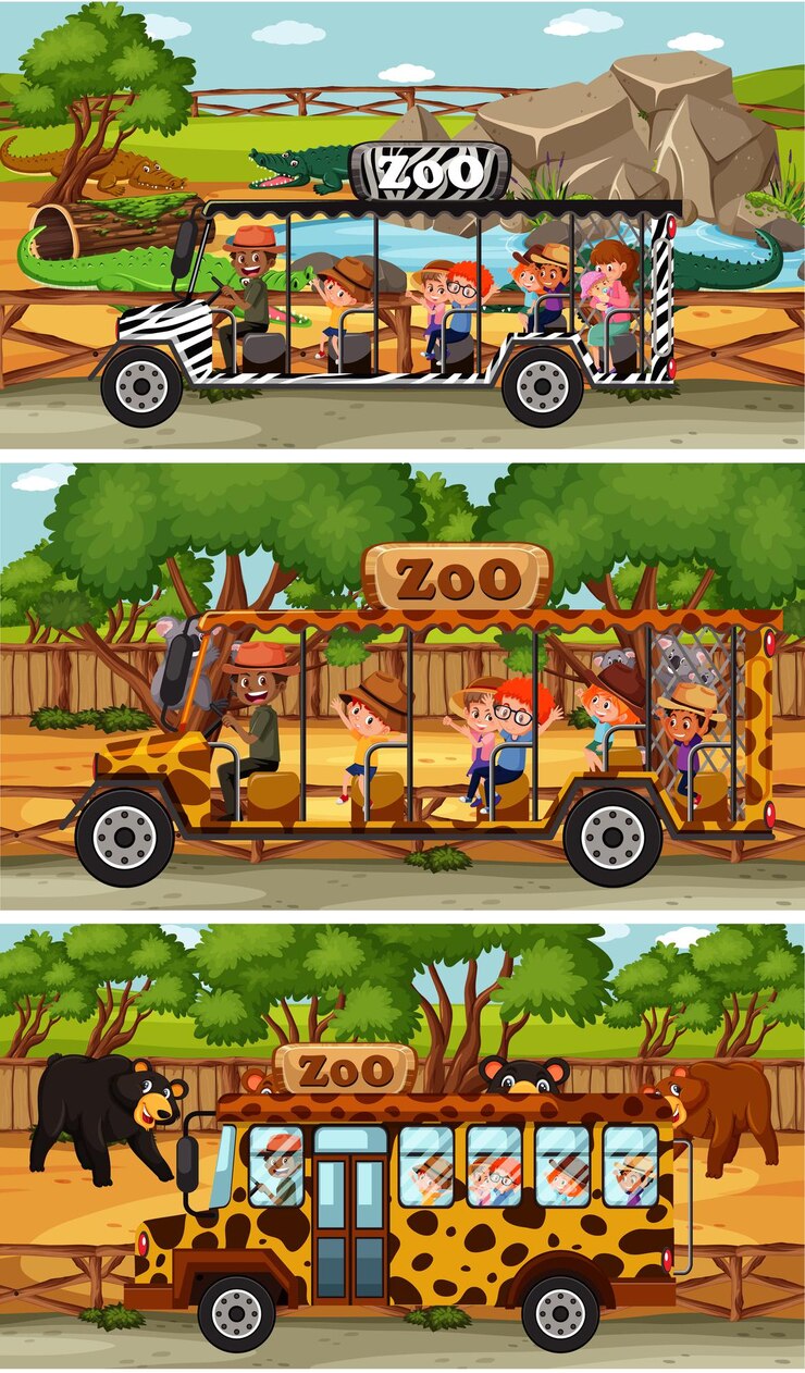 Vector conjunto de diferentes escenas horizontales de safari con personajes de dibujos animados de animales y niños