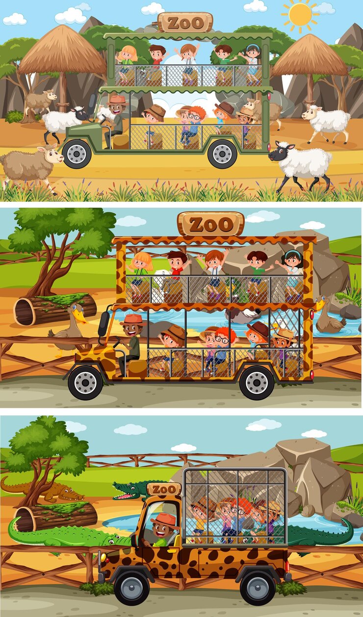 Vector conjunto de diferentes escenas horizontales de safari con personajes de dibujos animados de animales y niños