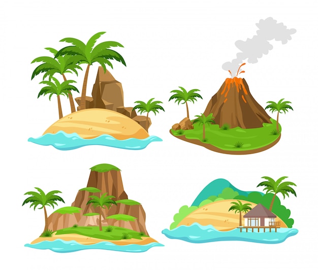 Vector conjunto de diferentes escenas de islas tropicales con palmeras y montañas, volcán aislado sobre fondo blanco en estilo de dibujos animados plana.