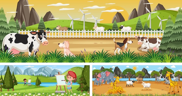 Conjunto de diferentes escenas de paisajes al aire libre con personaje de dibujos animados