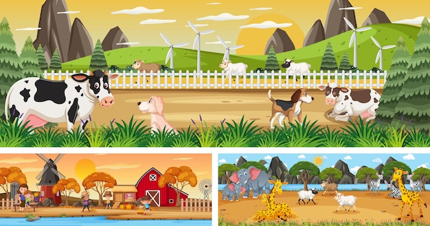 Conjunto de diferentes escenas de paisajes al aire libre con personajes de dibujos animados