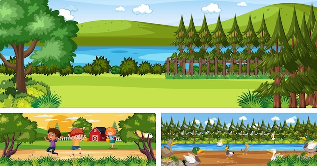 Conjunto de diferentes escenas de paisajes al aire libre con personajes de dibujos animados