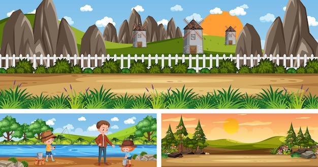 Conjunto de diferentes escenas de paisajes panorámicos al aire libre con personaje de dibujos animados