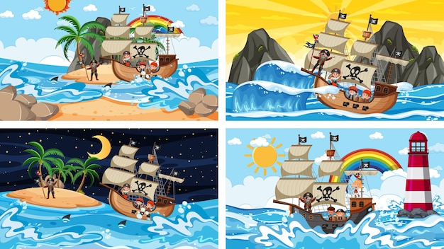 Conjunto de diferentes escenas de playa con barco pirata y personaje de dibujos animados pirata