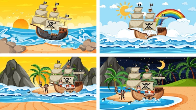 Conjunto de diferentes escenas de playa con barco pirata y personaje de dibujos animados pirata