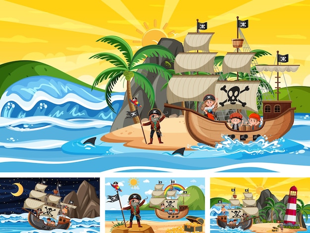 Vector conjunto de diferentes escenas de playa con barco pirata.