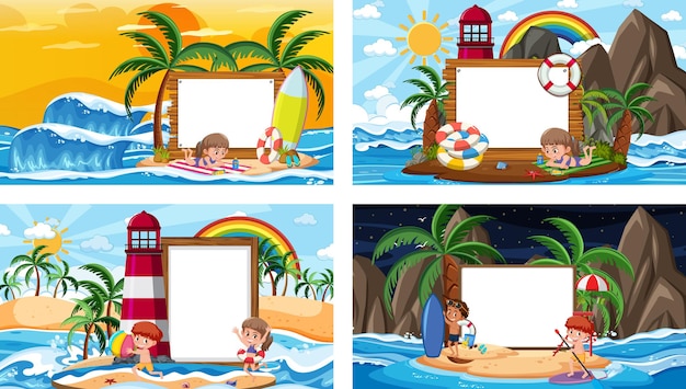 Conjunto de diferentes escenas de playa tropical con banner en blanco.