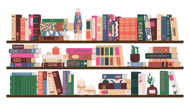 Conjunto de diferentes espinas de libros Biblioteca doméstica Ficción libros de texto de investigación científica y enciclopedias Estanterías de libros para estudiantes Ilustración vectorial aislada sobre un fondo transparente