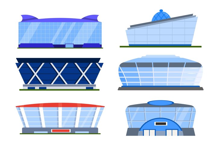 Vector conjunto de diferentes estadios arenas de fútbol en un estilo de dibujos animados ilustración vectorial de estadios deportivos modernos para campeonatos de fútbol aislados en fondo blanco