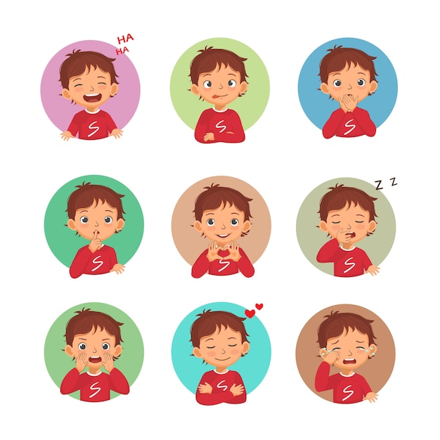 Vector conjunto de diferentes expresiones de emociones faciales y gestos con las manos de un niño joven