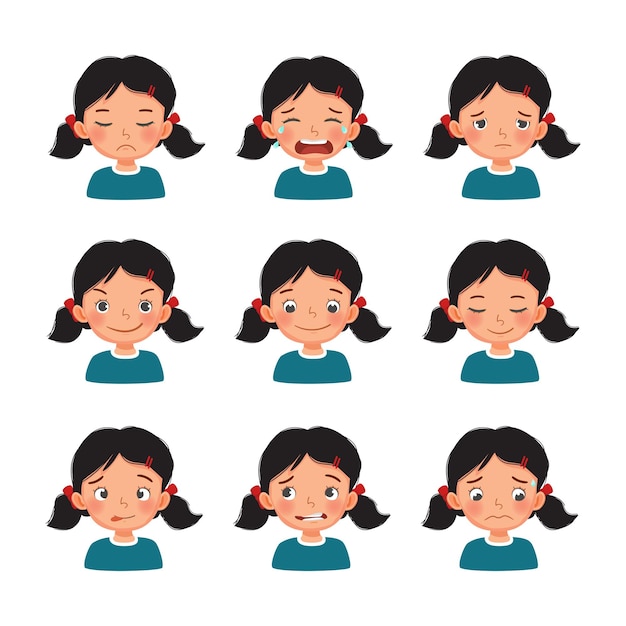 Vector conjunto de diferentes expresiones faciales y emociones de niña linda