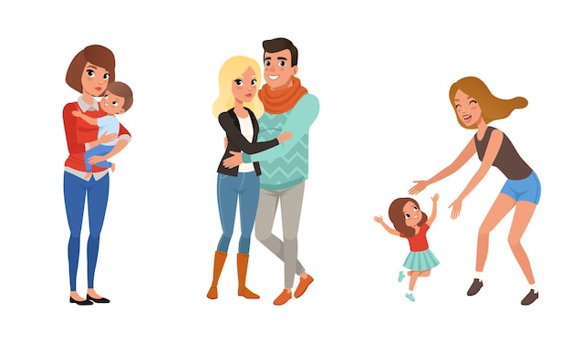 Conjunto de diferentes familias con hijos pareja feliz enamorada madres solteras e hijos Ilustración vectorial de estilo dibujos animados