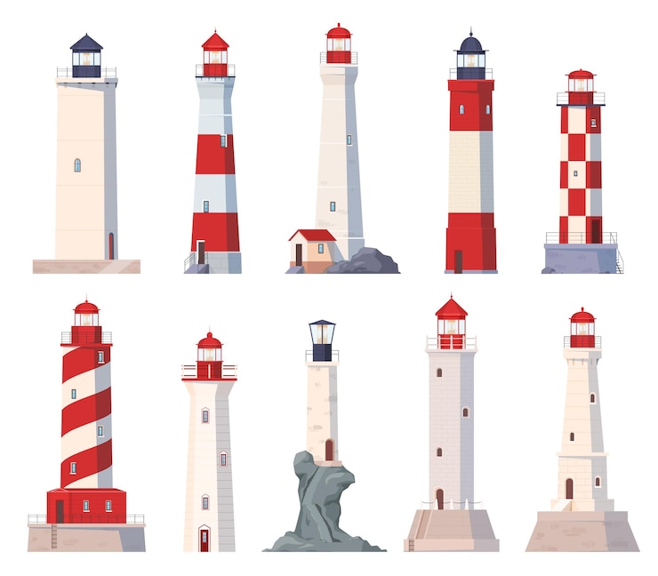 Vector un conjunto de diferentes faros edificios en la orilla del mar para iluminar una forma segura para los barcos ilustración vectorial