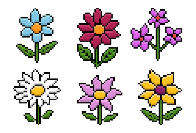Conjunto de diferentes flores en ilustración vectorial de estilo píxel