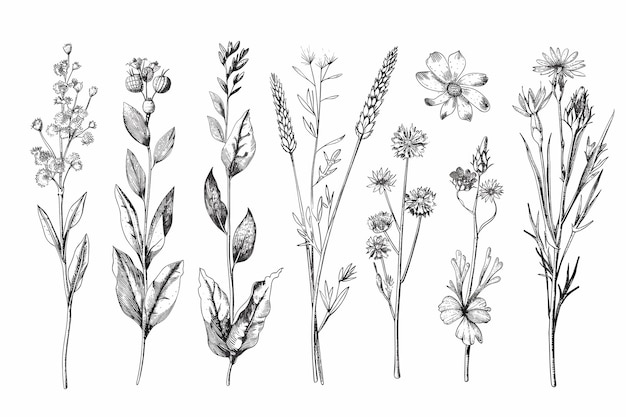 Conjunto de diferentes flores y ramas Flores y plantas ilustraciones dibujadas a mano