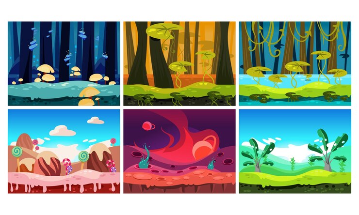 Vector conjunto de diferentes fondos para juegos móviles y de computadora mundo de fantasía bosques y selvas de tierra dulce interfaz de juego paisajes de dibujos animados paisaje natural ilustraciones coloridas de vectores planos