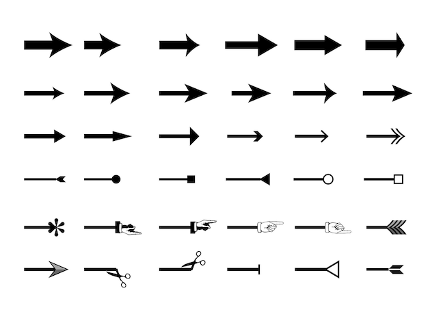 Conjunto de diferentes formas de diseños de flechas aislados sobre fondo blanco