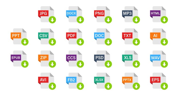 Vector conjunto de diferentes formatos de archivo iconos de extensiones de archivo botones de descarga conjunto de vectores