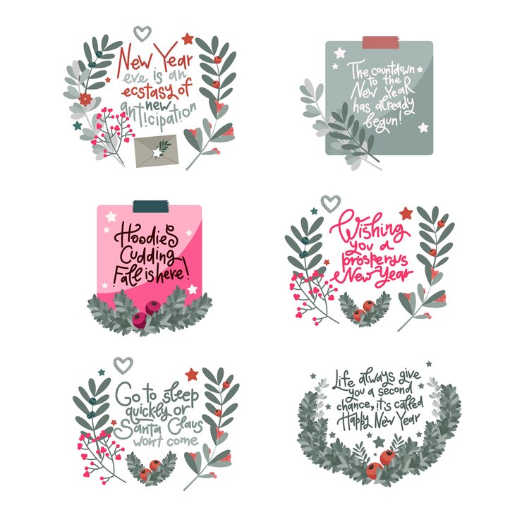Un conjunto de diferentes frases en el diseño del Año Nuevo para postales y pegatinas